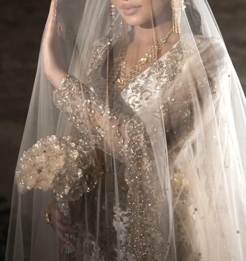 Gold-embroidered sleeves and bodice seen through a fine tulle veil